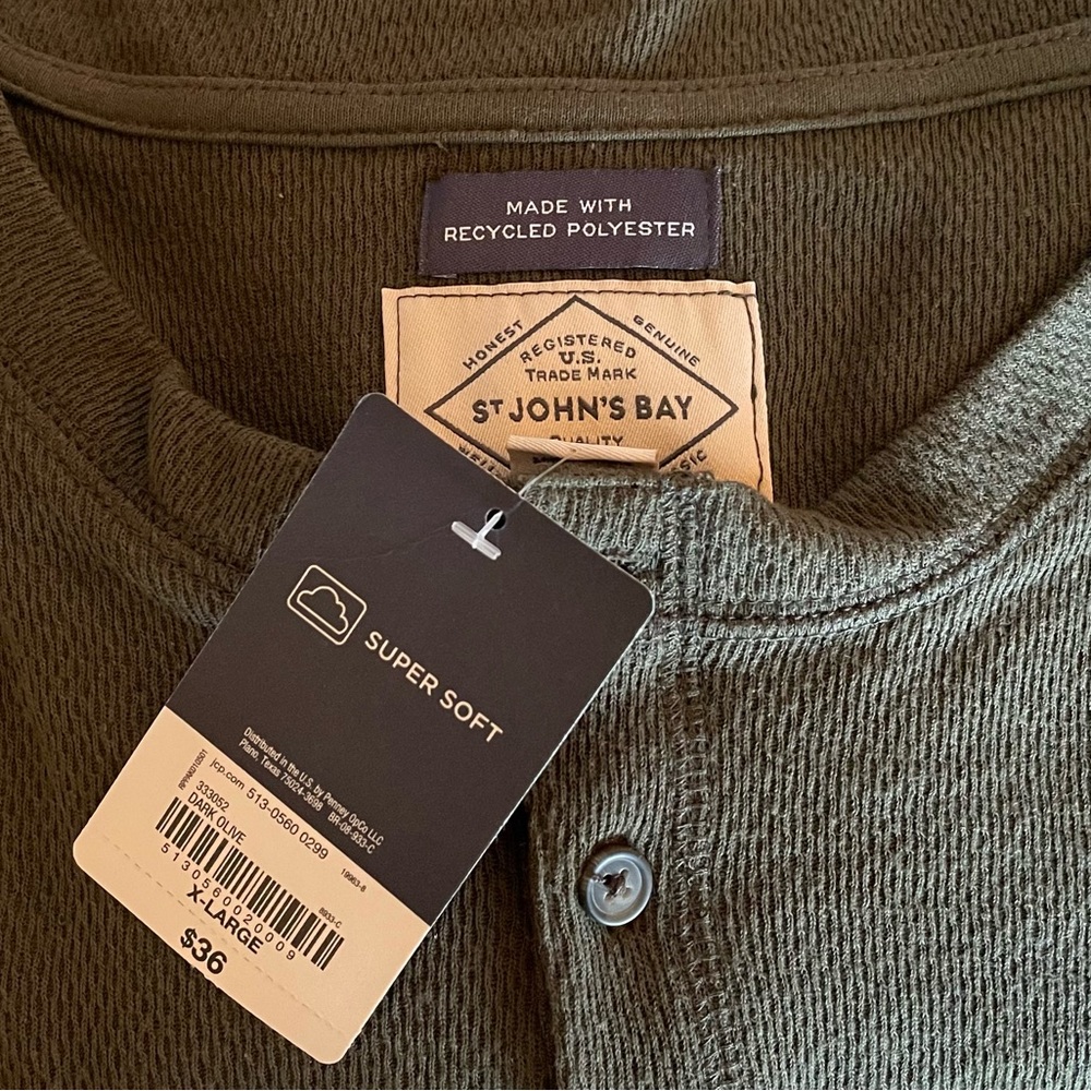 NWT Men’s St. John’s Bay Dark Olive Henley Long Sleeve Shirt XL